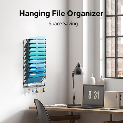 5-Tier Wall File Organizer and Mail Organizer with 5 Hooks, Black