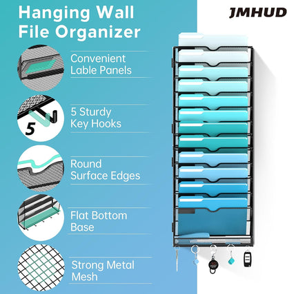 5-Tier Wall File Organizer and Mail Organizer with 5 Hooks, Black