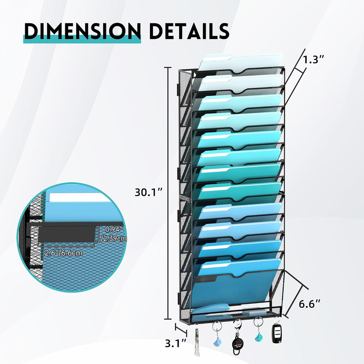 5-Tier Wall File Organizer and Mail Organizer with 5 Hooks, Black