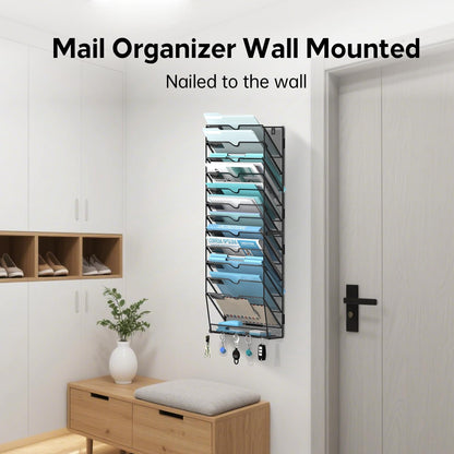 5-Tier Wall File Organizer and Mail Organizer with 5 Hooks, Black