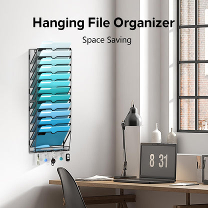5-Tier Wall File Organizer and Mail Organizer with 5 Hooks, Black