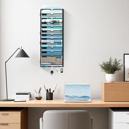 5-Tier Wall File Organizer and Mail Organizer with 5 Hooks, Black