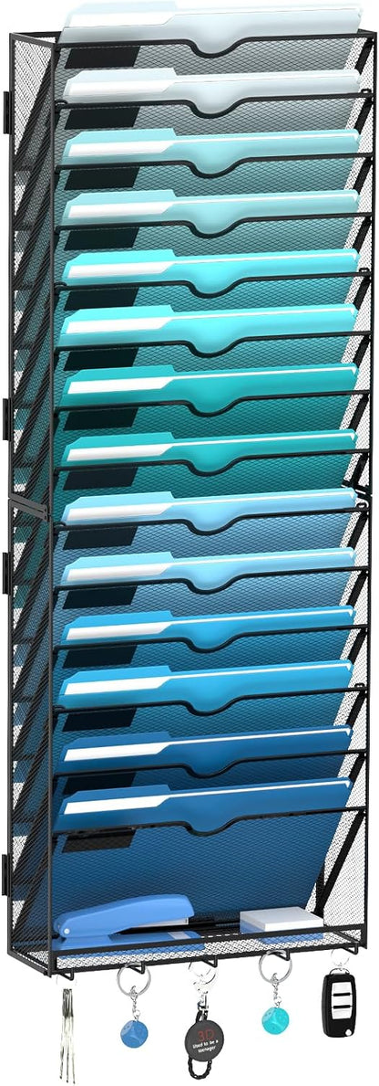 5-Tier Wall File Organizer and Mail Organizer with 5 Hooks, Black