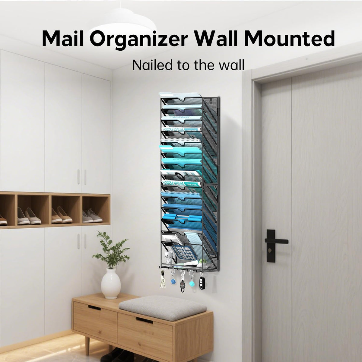 5-Tier Wall File Organizer and Mail Organizer with 5 Hooks, Black