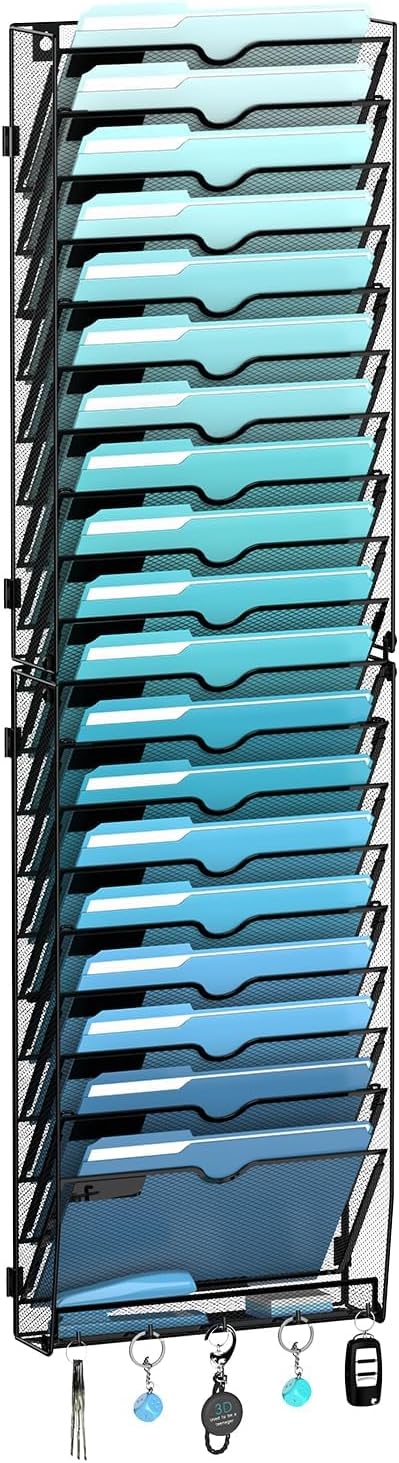 5-Tier Wall File Organizer and Mail Organizer with 5 Hooks, Black