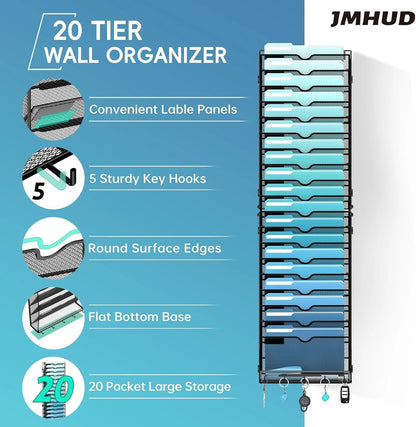 5-Tier Wall File Organizer and Mail Organizer with 5 Hooks, Black