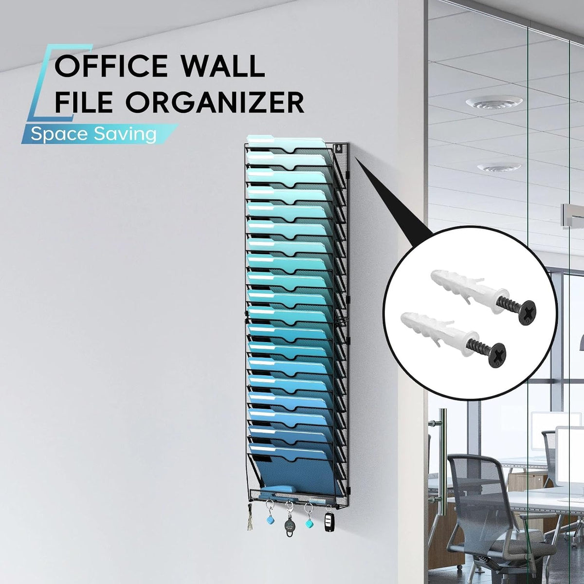 5-Tier Wall File Organizer and Mail Organizer with 5 Hooks, Black