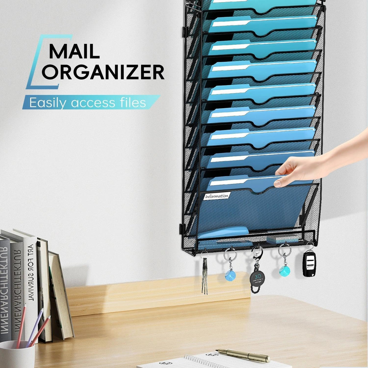 5-Tier Wall File Organizer and Mail Organizer with 5 Hooks, Black