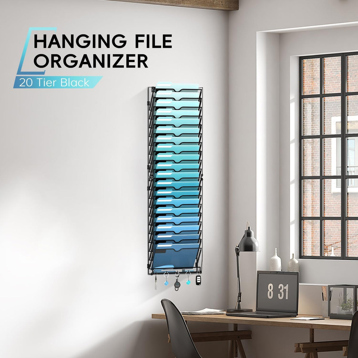 5-Tier Wall File Organizer and Mail Organizer with 5 Hooks, Black