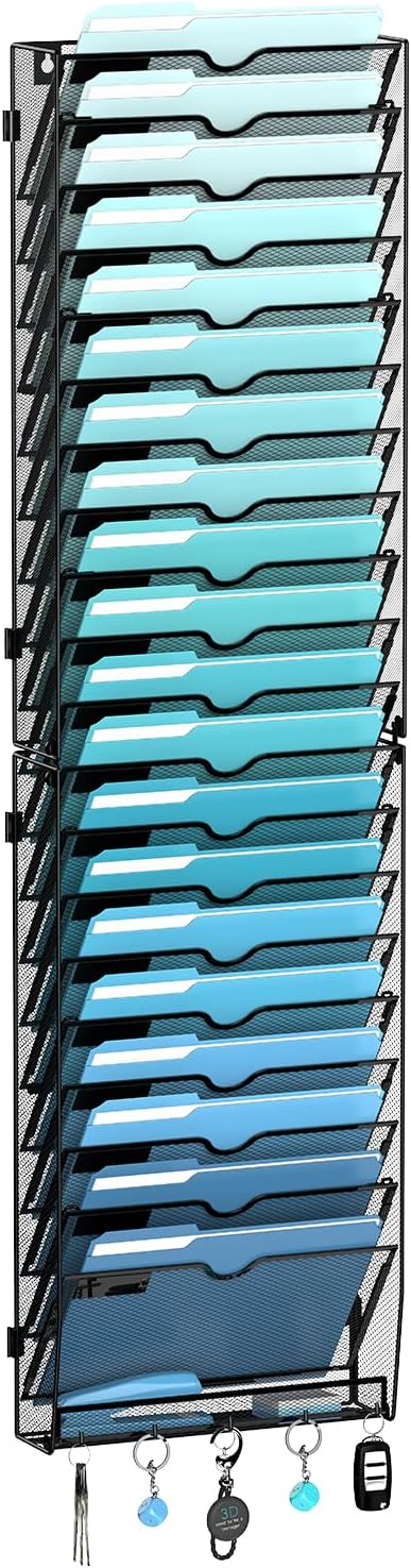 5-Tier Wall File Organizer and Mail Organizer with 5 Hooks, Black