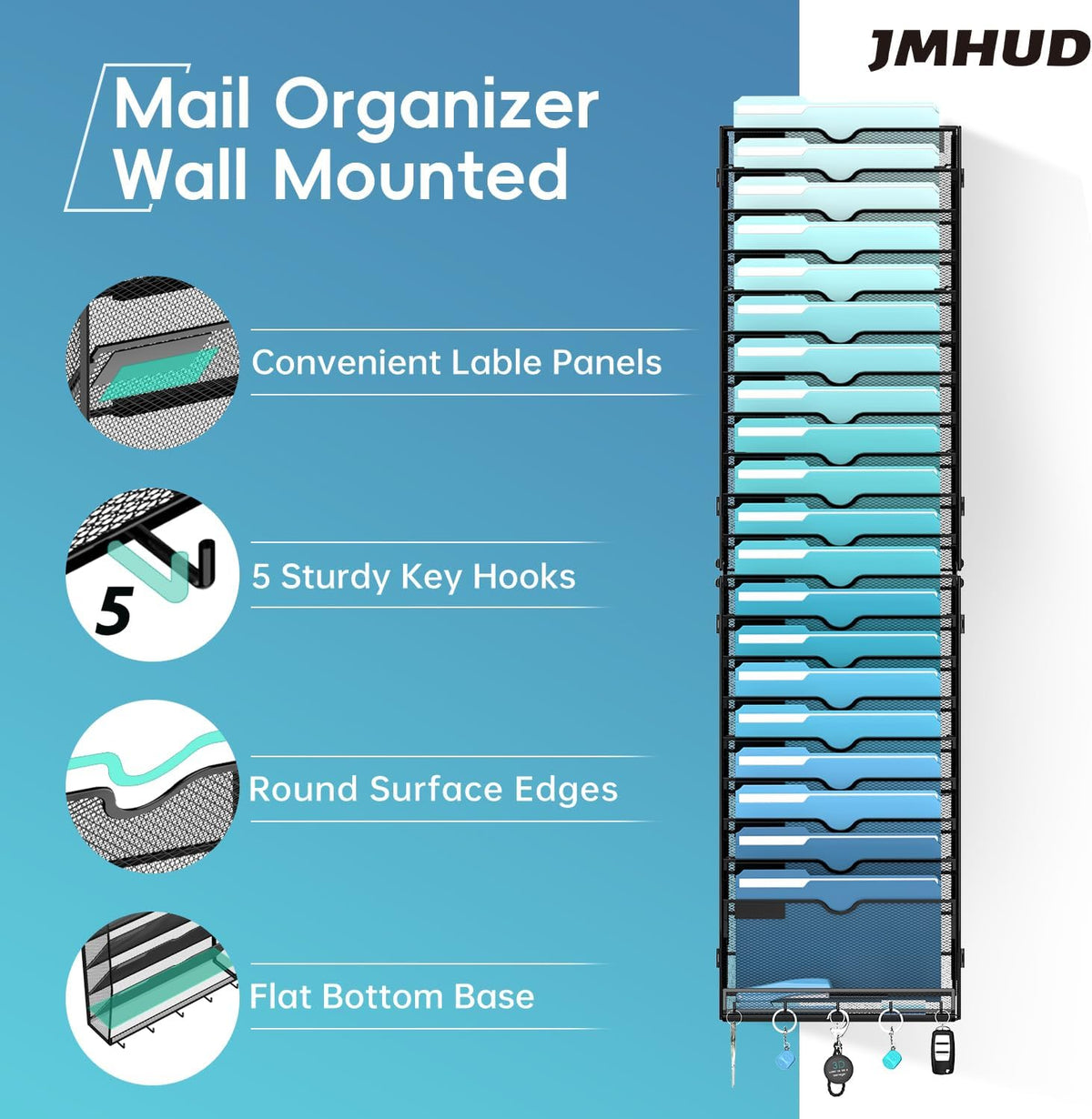 5-Tier Wall File Organizer and Mail Organizer with 5 Hooks, Black