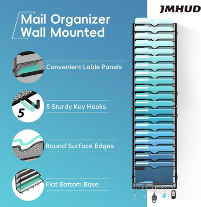 5-Tier Wall File Organizer and Mail Organizer with 5 Hooks, Black