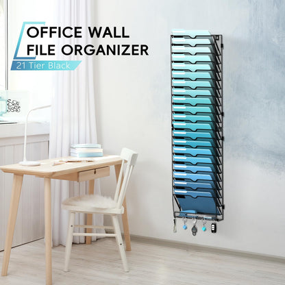 5-Tier Wall File Organizer and Mail Organizer with 5 Hooks, Black