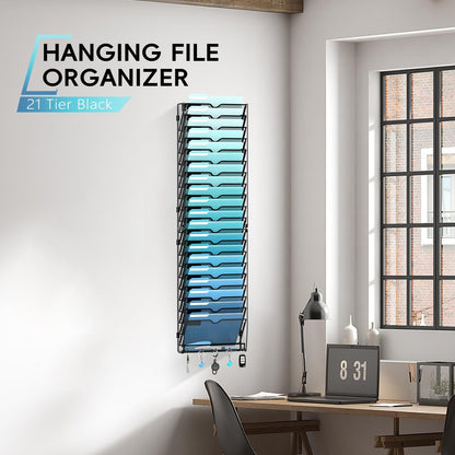 5-Tier Wall File Organizer and Mail Organizer with 5 Hooks, Black