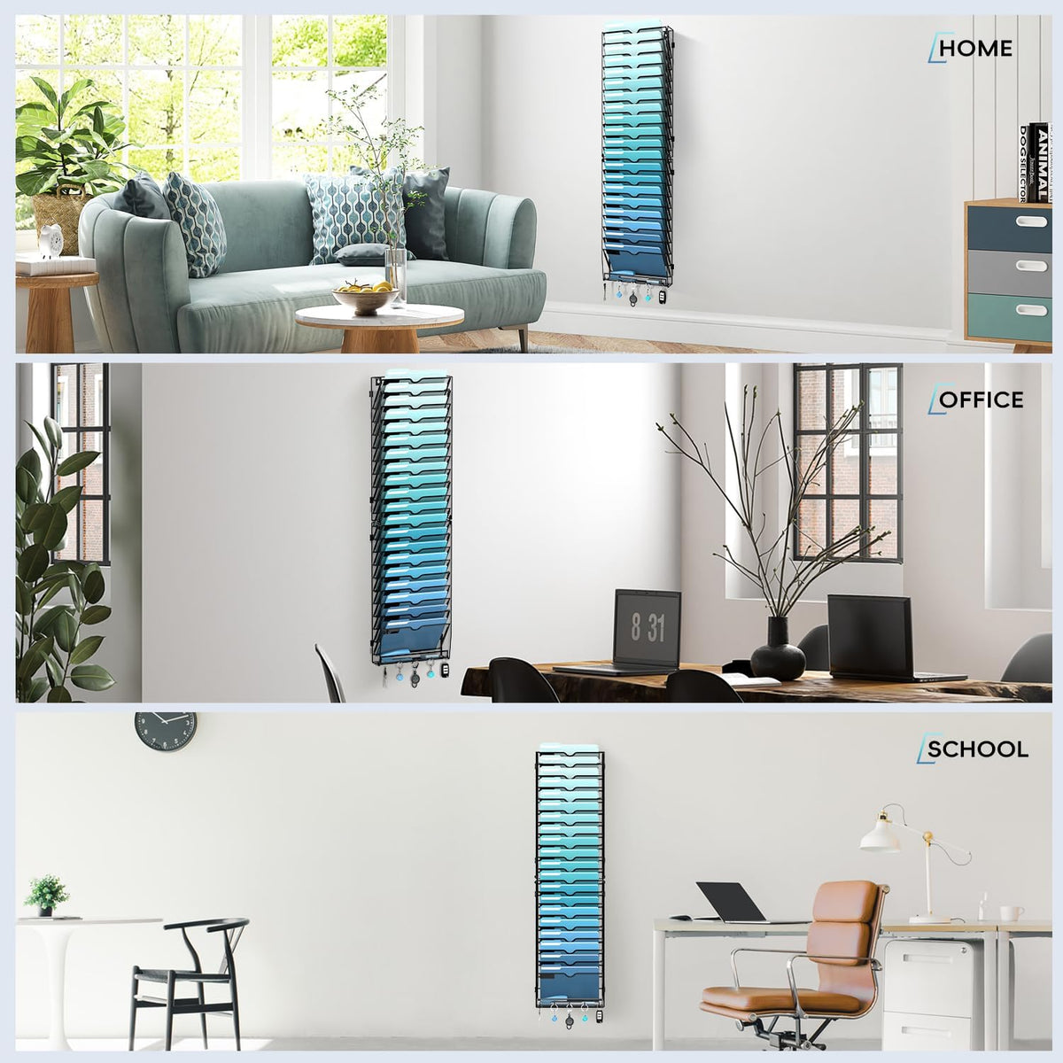 5-Tier Wall File Organizer and Mail Organizer with 5 Hooks, Black