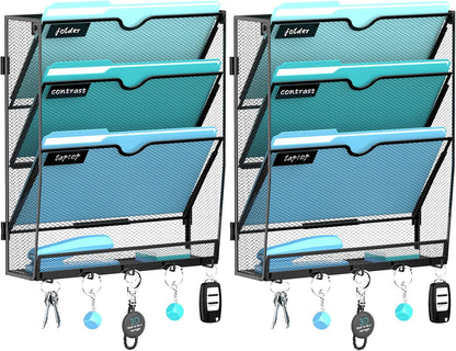 5-Tier Wall File Organizer and Mail Organizer with 5 Hooks, Black