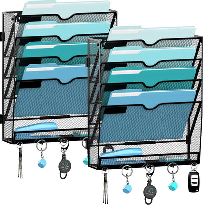 5-Tier Wall File Organizer and Mail Organizer with 5 Hooks, Black