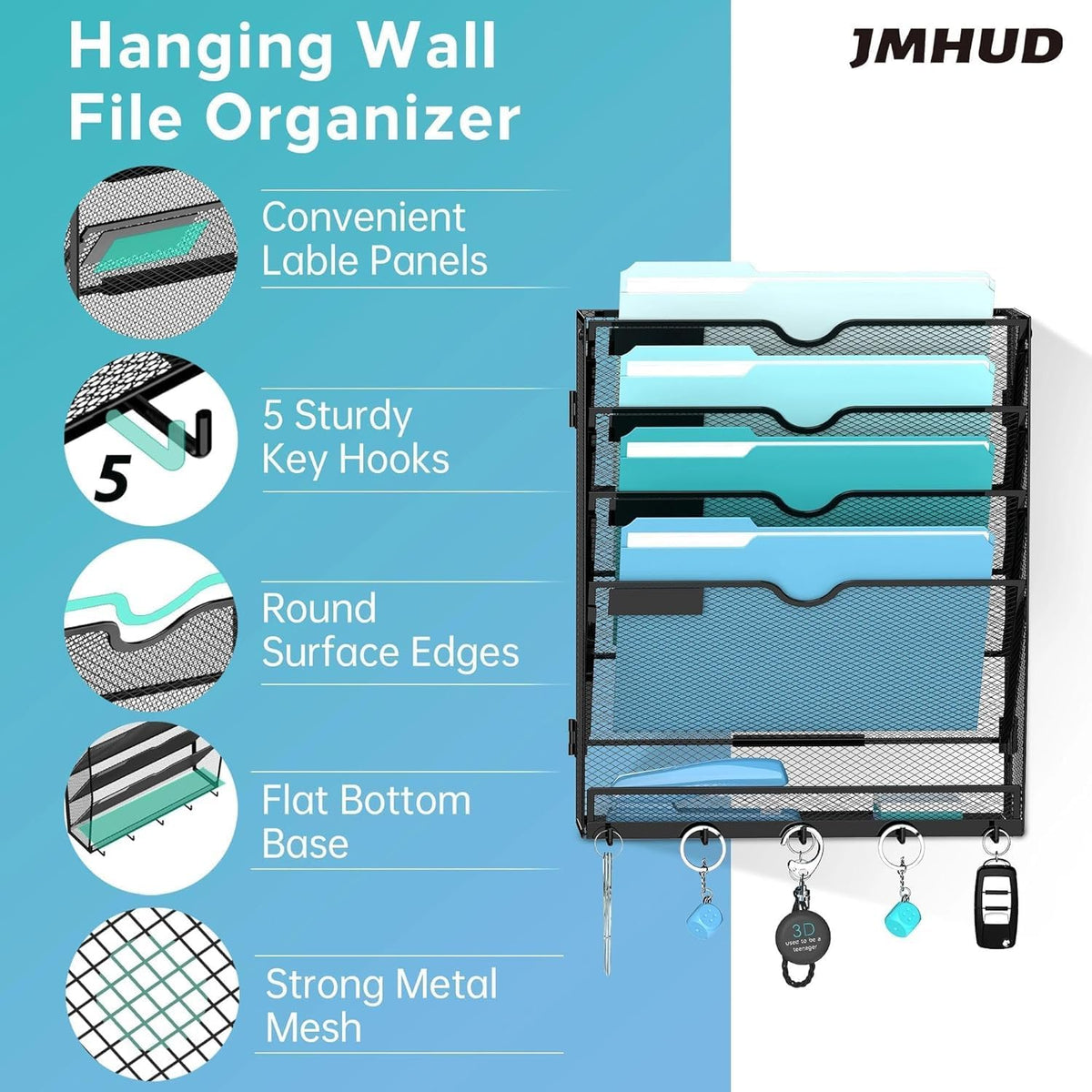 5-Tier Wall File Organizer and Mail Organizer with 5 Hooks, Black