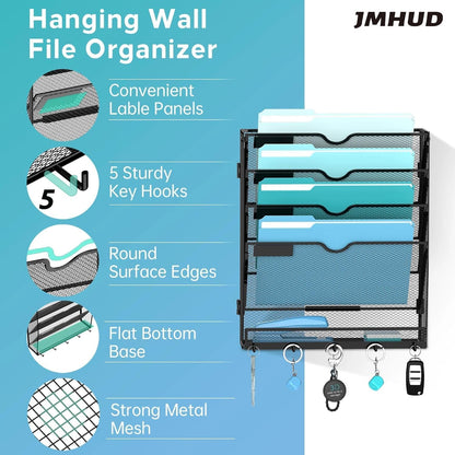 5-Tier Wall File Organizer and Mail Organizer with 5 Hooks, Black