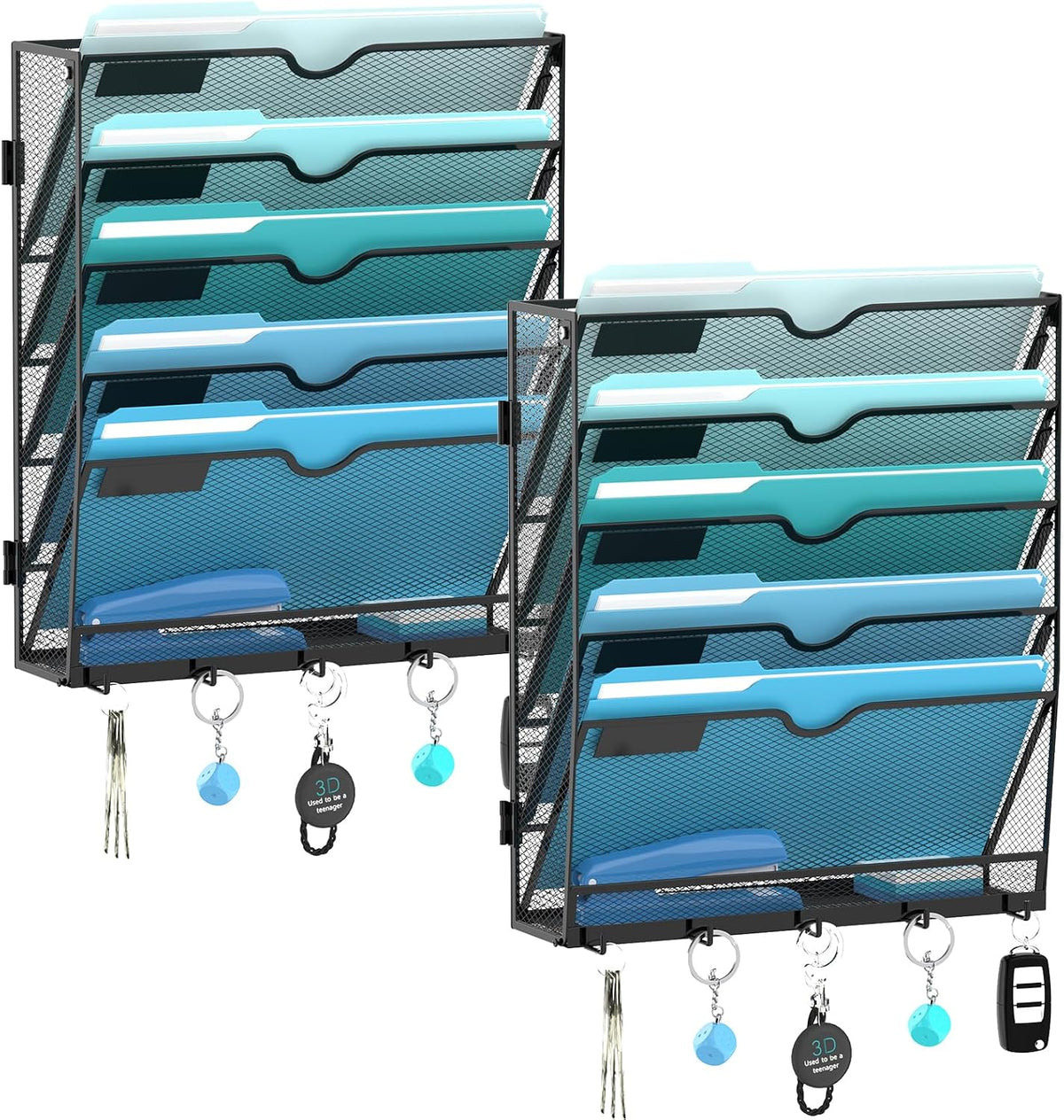5-Tier Wall File Organizer and Mail Organizer with 5 Hooks, Black