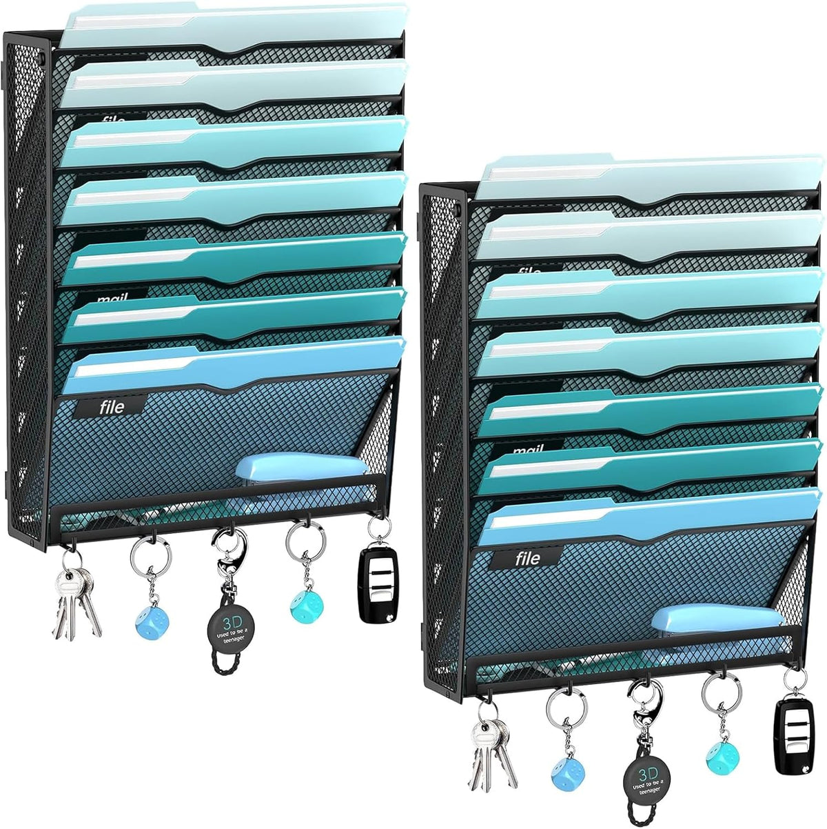 5-Tier Wall File Organizer and Mail Organizer with 5 Hooks, Black