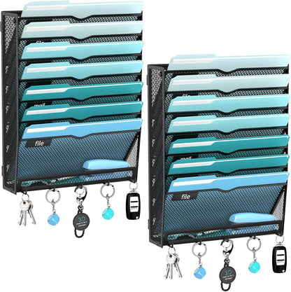 5-Tier Wall File Organizer and Mail Organizer with 5 Hooks, Black