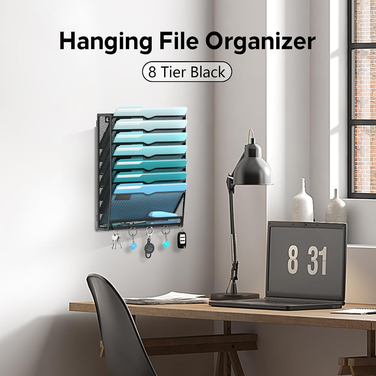 5-Tier Wall File Organizer and Mail Organizer with 5 Hooks, Black