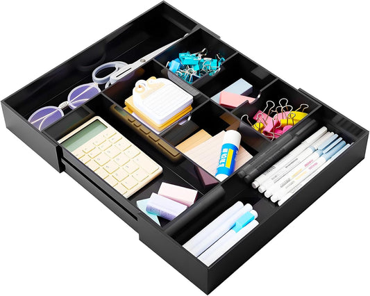 Black Acrylic Drawer Organizer Expandable,8 Compartments,Large