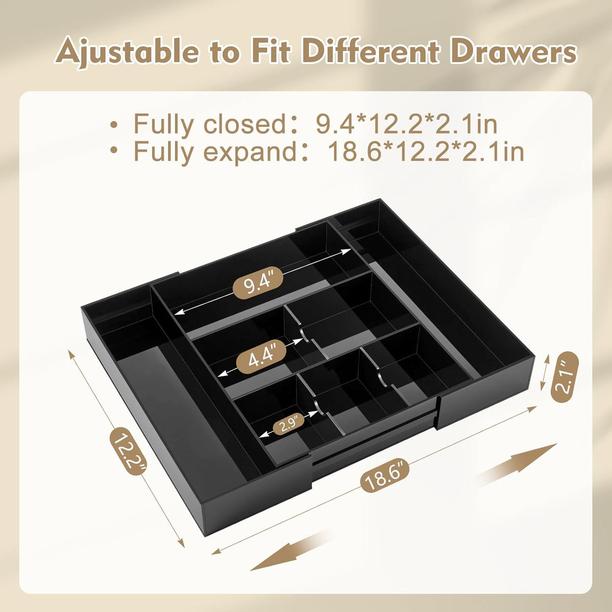 Black Acrylic Drawer Organizer Expandable,8 Compartments,Large