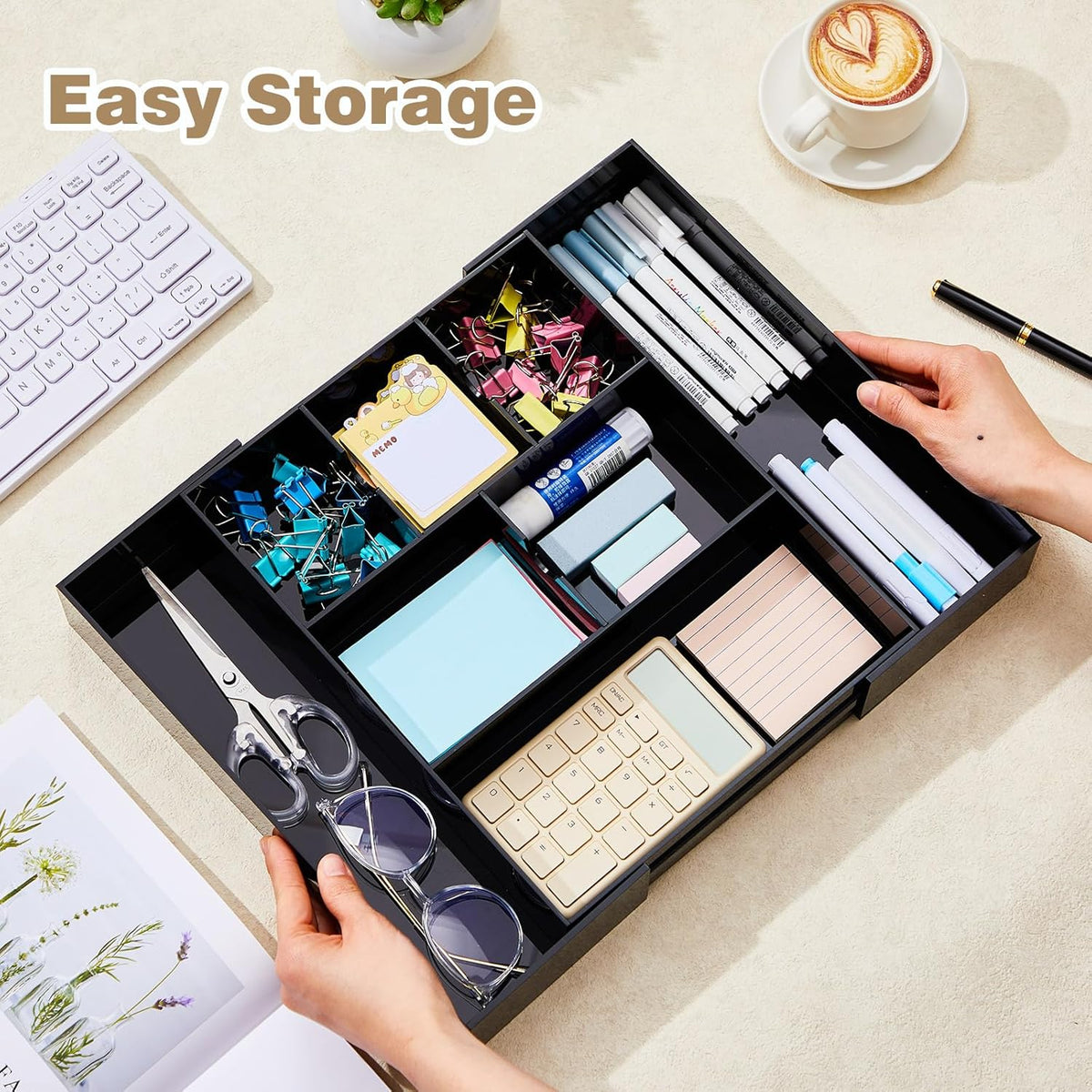 Black Acrylic Drawer Organizer Expandable,8 Compartments,Large