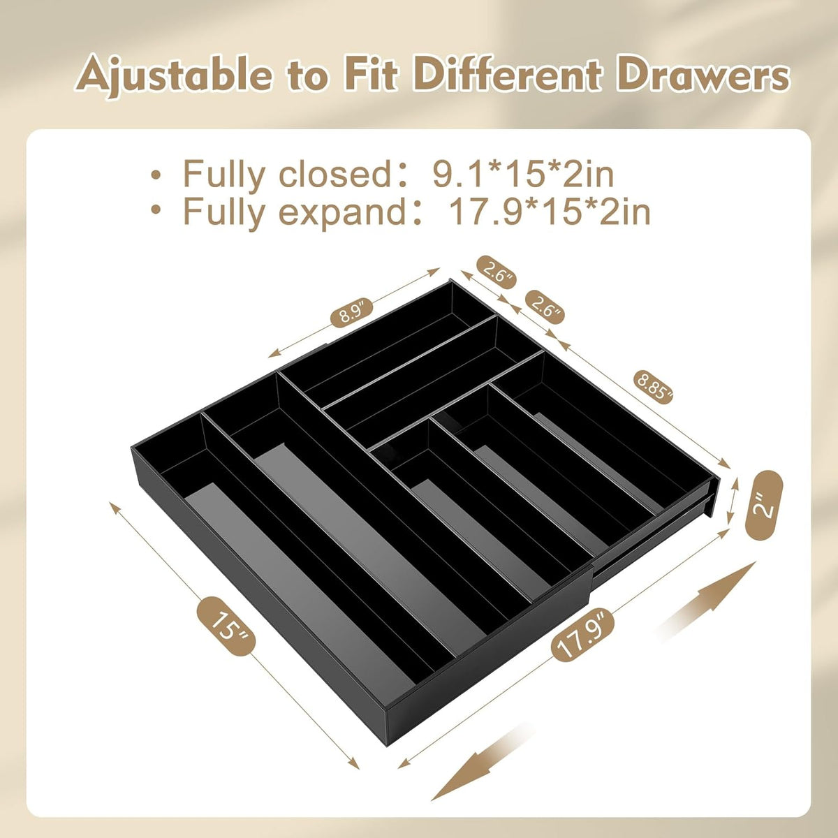 Black Acrylic Drawer Organizer Expandable,8 Compartments,Large