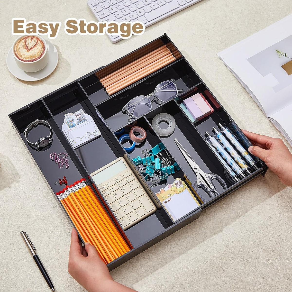 Black Acrylic Drawer Organizer Expandable,8 Compartments,Large