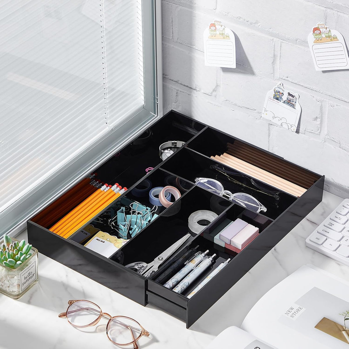 Black Acrylic Drawer Organizer Expandable,8 Compartments,Large