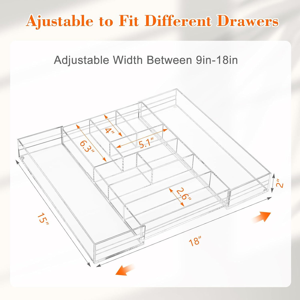 Black Acrylic Drawer Organizer Expandable,8 Compartments,Large