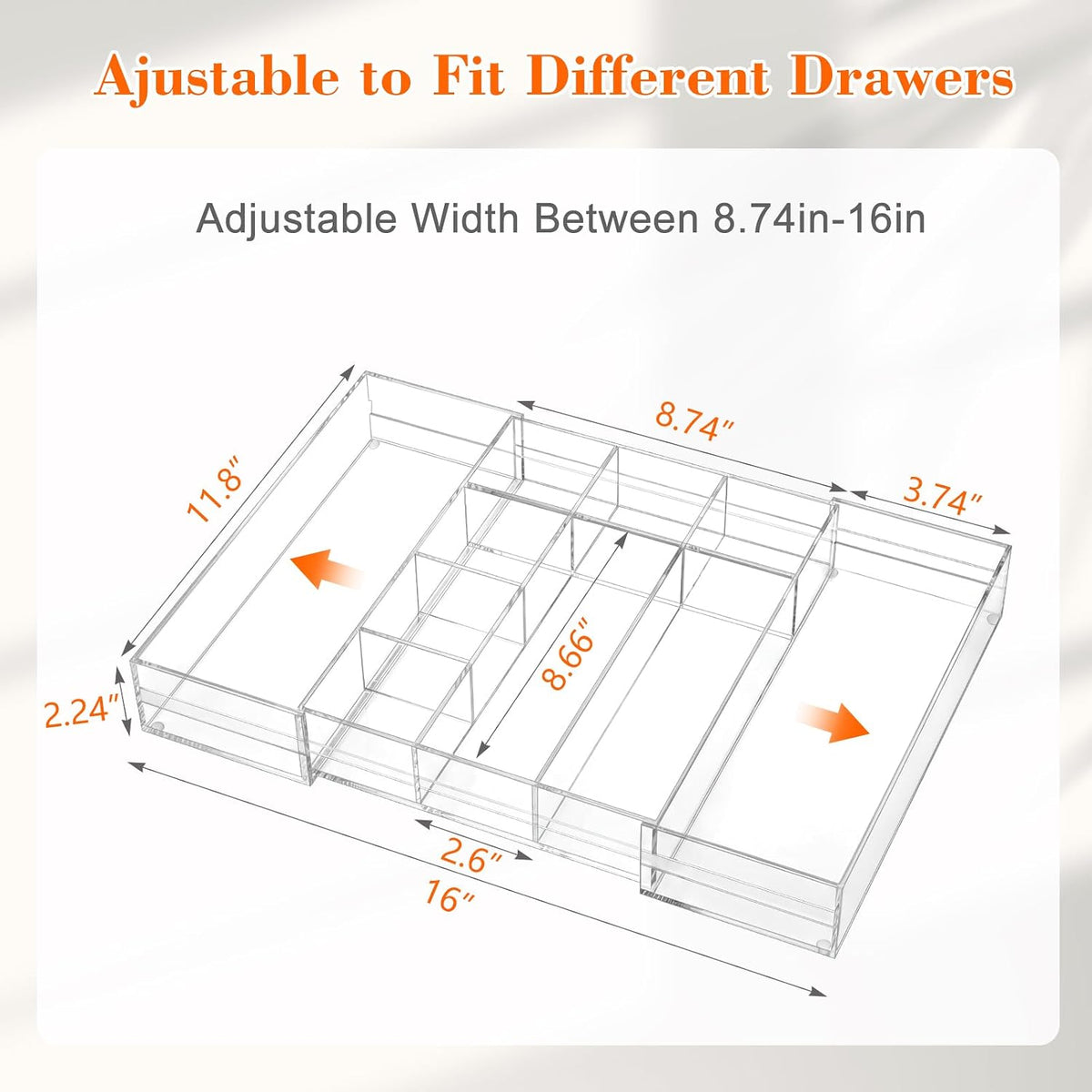 Black Acrylic Drawer Organizer Expandable,8 Compartments,Large