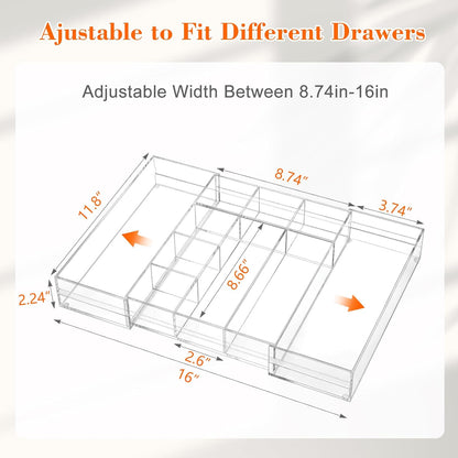 Black Acrylic Drawer Organizer Expandable,8 Compartments,Large