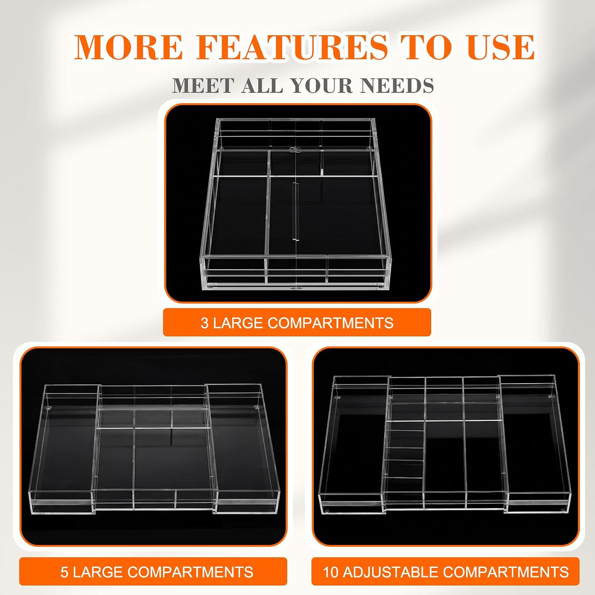 Black Acrylic Drawer Organizer Expandable,8 Compartments,Large