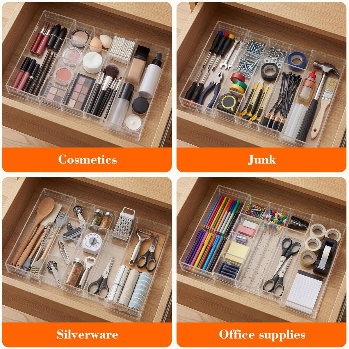 Black Acrylic Drawer Organizer Expandable,8 Compartments,Large