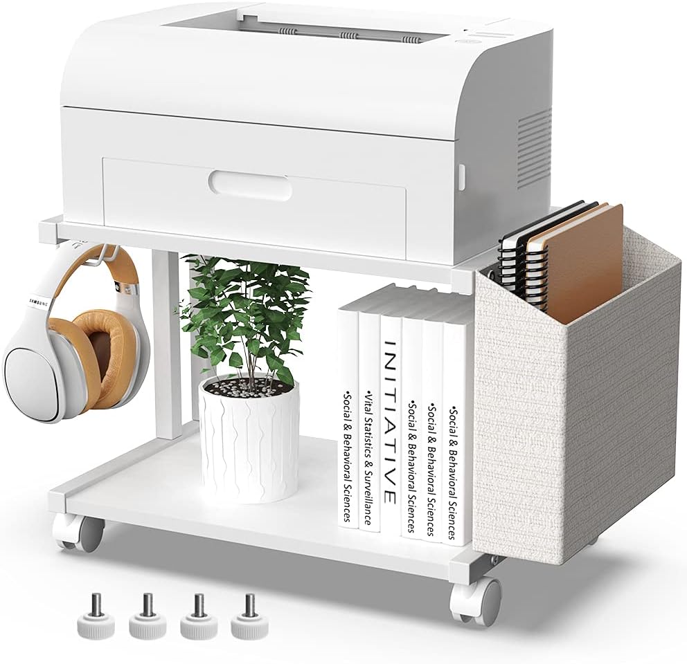 2 Tier Modern White Wooden Under Desk Printer Stand with Storage Bag for Home Office Desktop Printer Table Organizer Mobile Printer Shelf Cart with Caster Wheel (White)