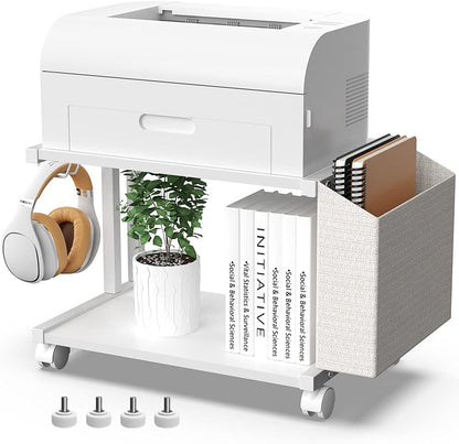 2 Tier Modern White Wooden Under Desk Printer Stand with Storage Bag for Home Office Desktop Printer Table Organizer Mobile Printer Shelf Cart with Caster Wheel (White)