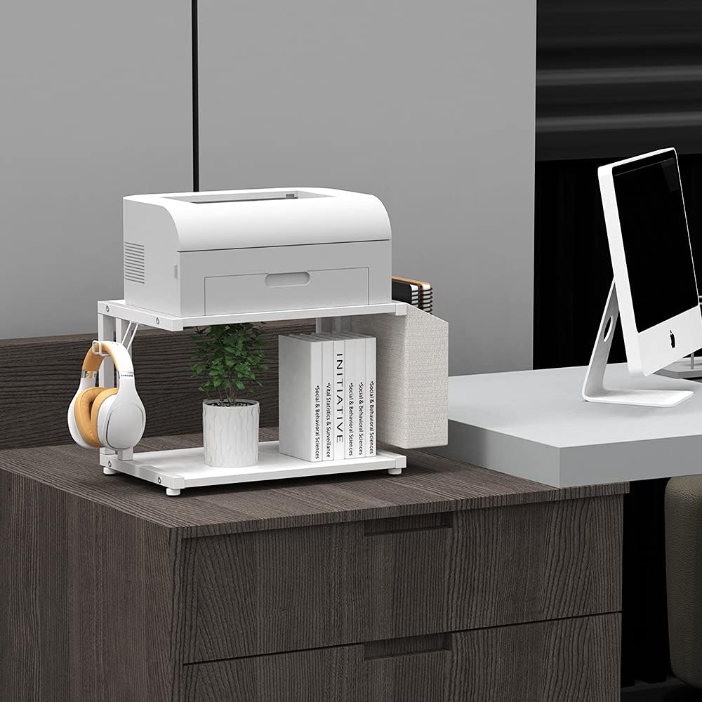 2 Tier Modern White Wooden Under Desk Printer Stand with Storage Bag for Home Office Desktop Printer Table Organizer Mobile Printer Shelf Cart with Caster Wheel (White)