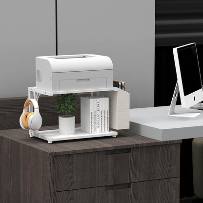 2 Tier Modern White Wooden Under Desk Printer Stand with Storage Bag for Home Office Desktop Printer Table Organizer Mobile Printer Shelf Cart with Caster Wheel (White)
