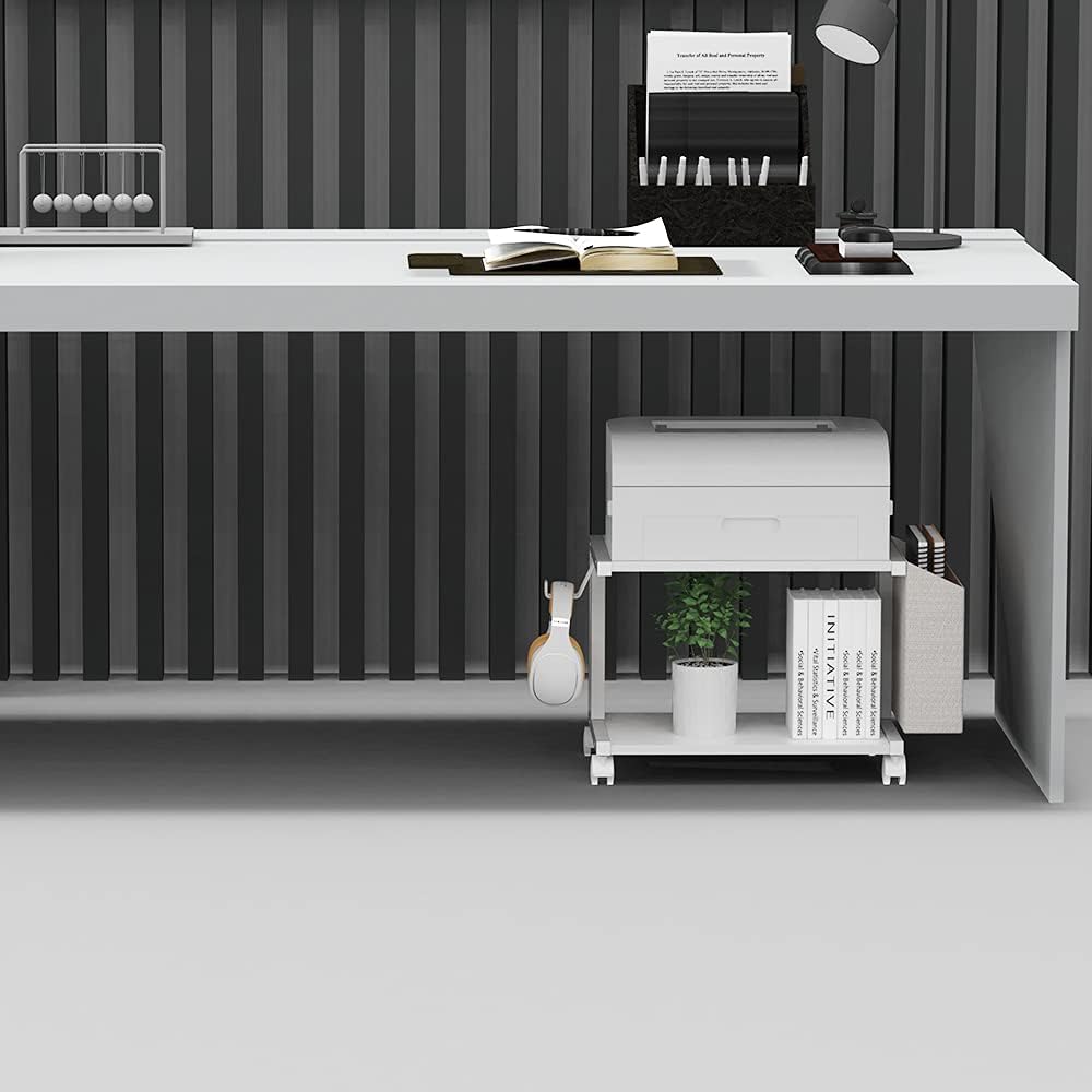 2 Tier Modern White Wooden Under Desk Printer Stand with Storage Bag for Home Office Desktop Printer Table Organizer Mobile Printer Shelf Cart with Caster Wheel (White)
