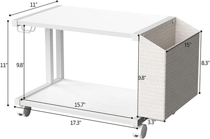 2 Tier Modern White Wooden Under Desk Printer Stand with Storage Bag for Home Office Desktop Printer Table Organizer Mobile Printer Shelf Cart with Caster Wheel (White)