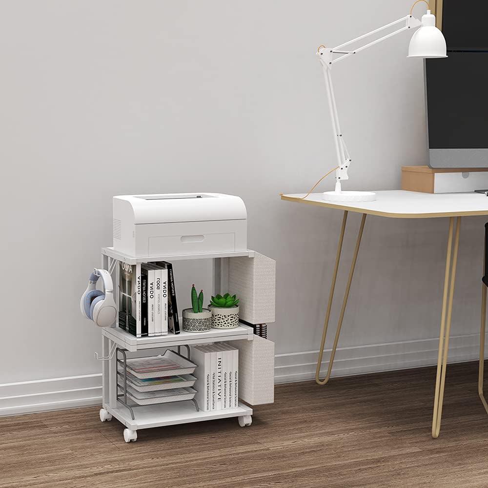 2 Tier Modern White Wooden Under Desk Printer Stand with Storage Bag for Home Office Desktop Printer Table Organizer Mobile Printer Shelf Cart with Caster Wheel (White)