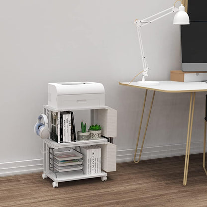 2 Tier Modern White Wooden Under Desk Printer Stand with Storage Bag for Home Office Desktop Printer Table Organizer Mobile Printer Shelf Cart with Caster Wheel (White)