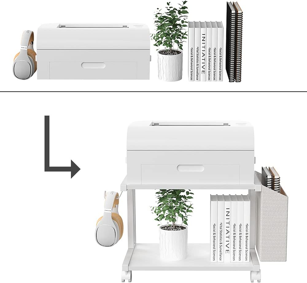 2 Tier Modern White Wooden Under Desk Printer Stand with Storage Bag for Home Office Desktop Printer Table Organizer Mobile Printer Shelf Cart with Caster Wheel (White)