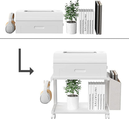 2 Tier Modern White Wooden Under Desk Printer Stand with Storage Bag for Home Office Desktop Printer Table Organizer Mobile Printer Shelf Cart with Caster Wheel (White)