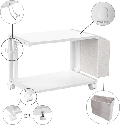2 Tier Modern White Wooden Under Desk Printer Stand with Storage Bag for Home Office Desktop Printer Table Organizer Mobile Printer Shelf Cart with Caster Wheel (White)