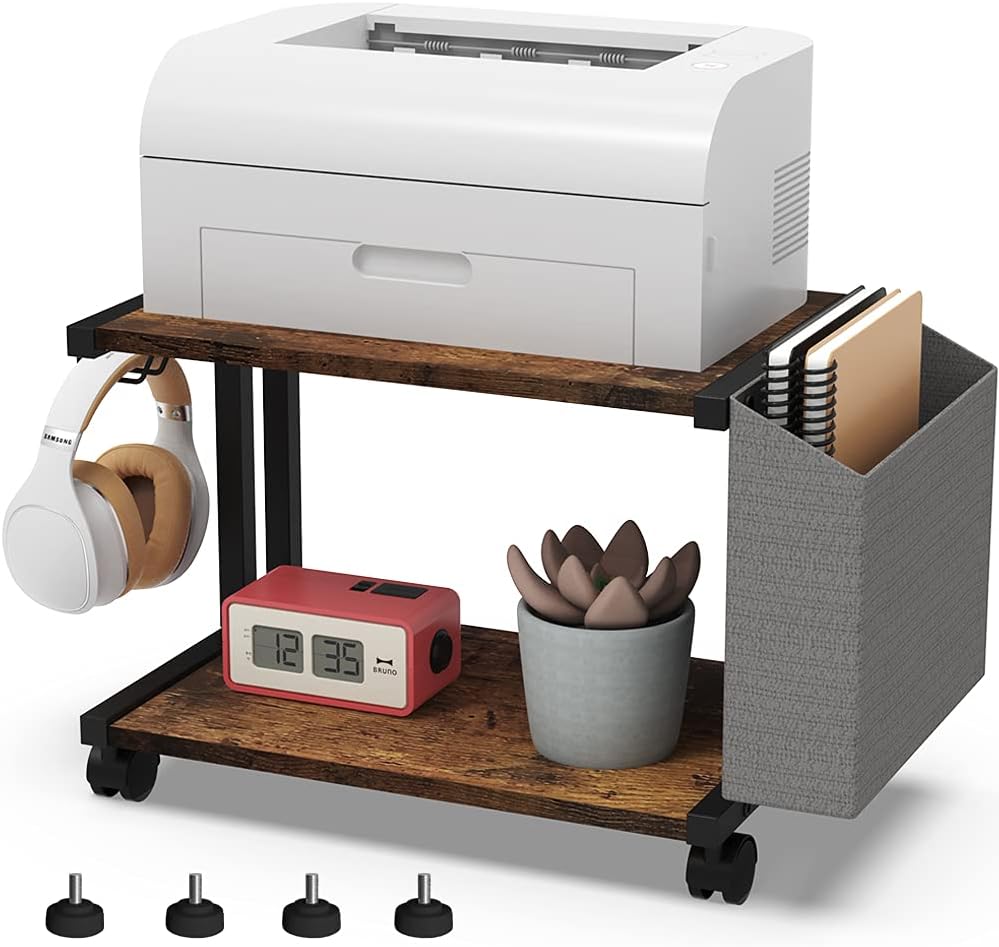 2 Tier Modern White Wooden Under Desk Printer Stand with Storage Bag for Home Office Desktop Printer Table Organizer Mobile Printer Shelf Cart with Caster Wheel (White)